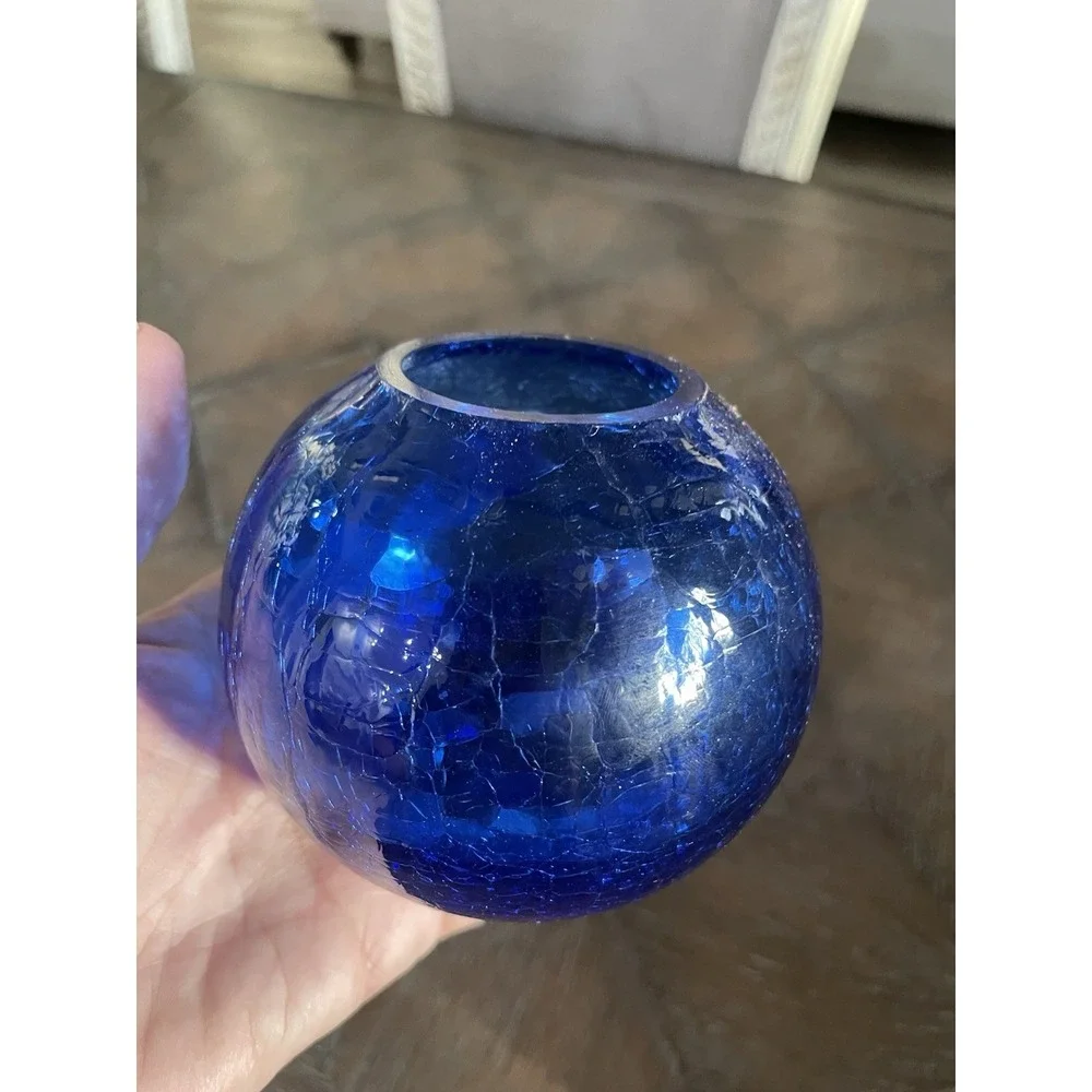 Vintage Cobalt Blue Crackle Glass Rose Bowl on Brass Tripod‎ Base Stand 7